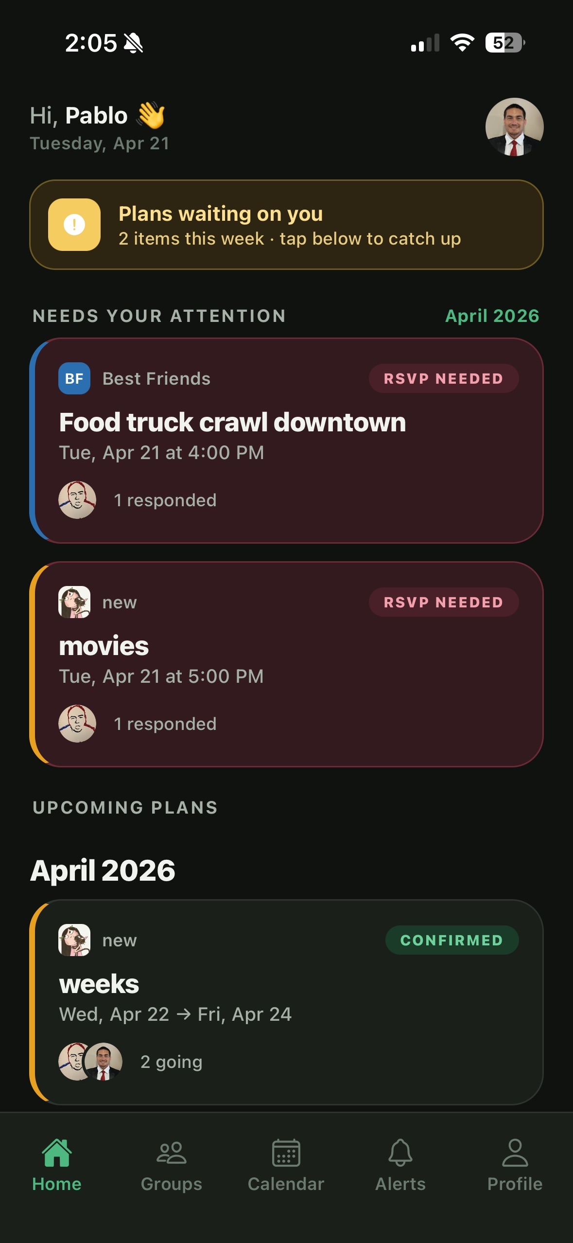 Rallier home screen — upcoming plans and RSVPs